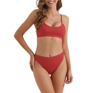 INSPIRE CHIC Women's Adjustable Spaghetti Straps Bikini Sets Ribbed High Waist Bottoms Swimwear Bathing Suits 2 Pieces - 1 of 4