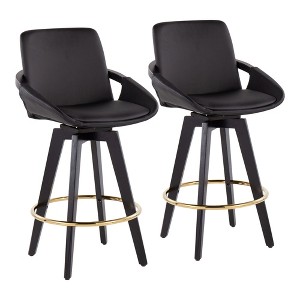Faux Leather & Wood & Metal Contemporary Fixed-Height Swivel Counter Stool (Set of 2) with Padded Seat and Round Footrest for Kitchen - 1 of 4