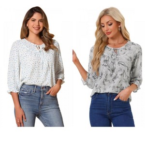 INSPIRE CHIC Women's Floral Bow Tie Neck Vintage 3/4 Sleeve Blouse 2 Packs - 1 of 4