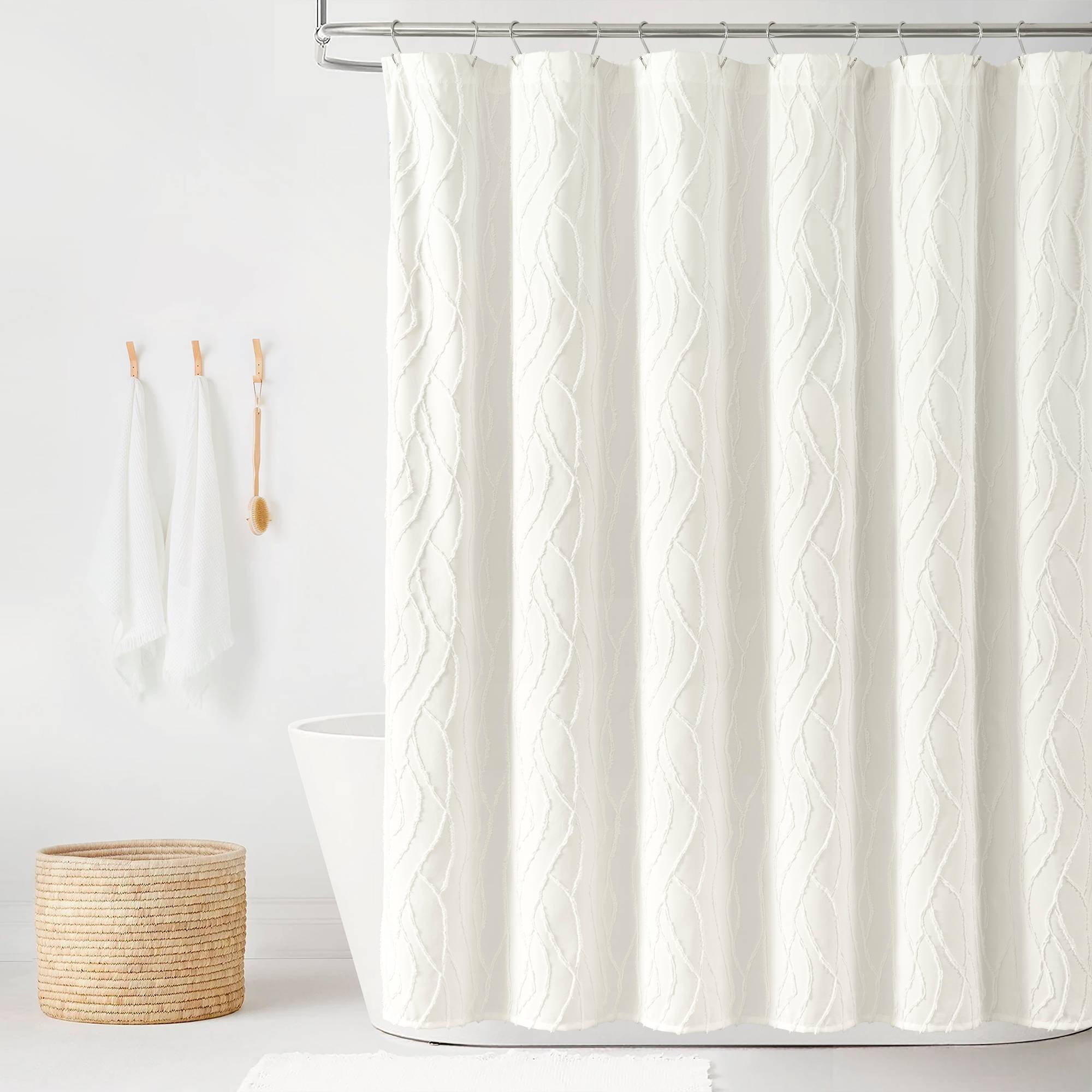 Lush Décor Jacquard Wave Shower Curtain Soft White: Polyester, Buttonhole Top, Machine Washable