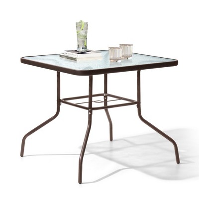 Crestlive Products Patio Dining Table Outdoor Square Table with Umbrella Hole for 4 Tempered Glass Metal Bistro Table for Lawn Deck Backyard Garden