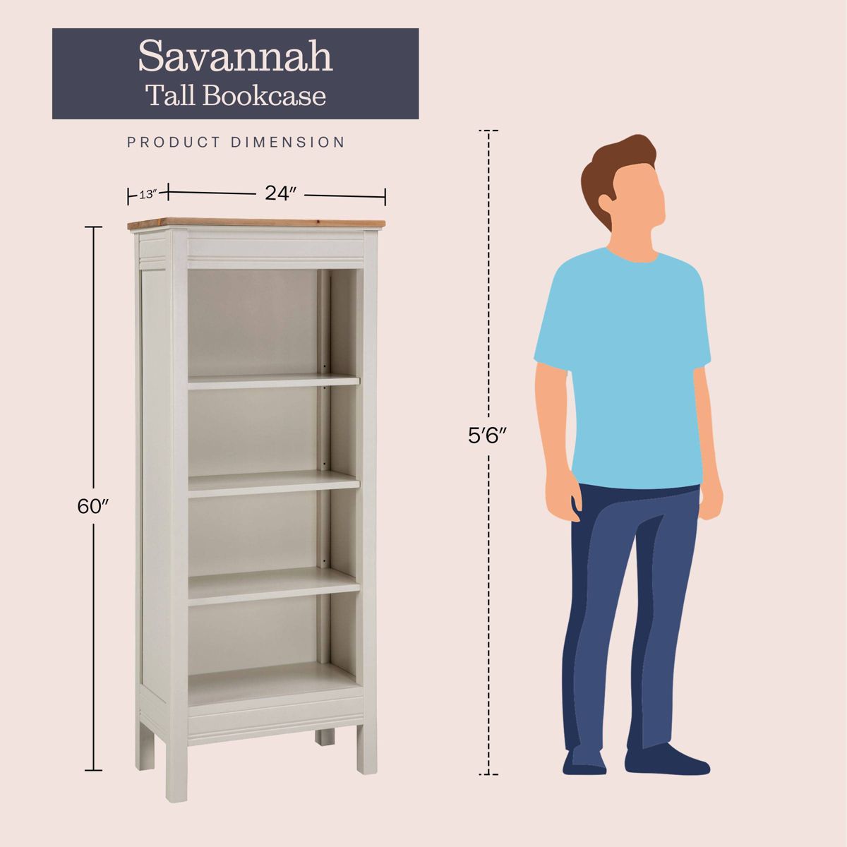 60" Savannah Tall Bookshelf Ivory with Natural Wood Top - Alaterre Furniture - thumbnail 8