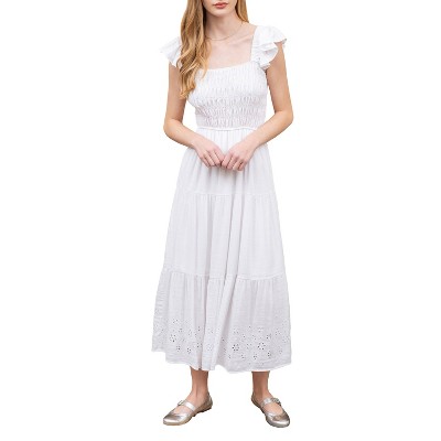August Sky Women's Eyelet Ruched Tiered Midi Dress