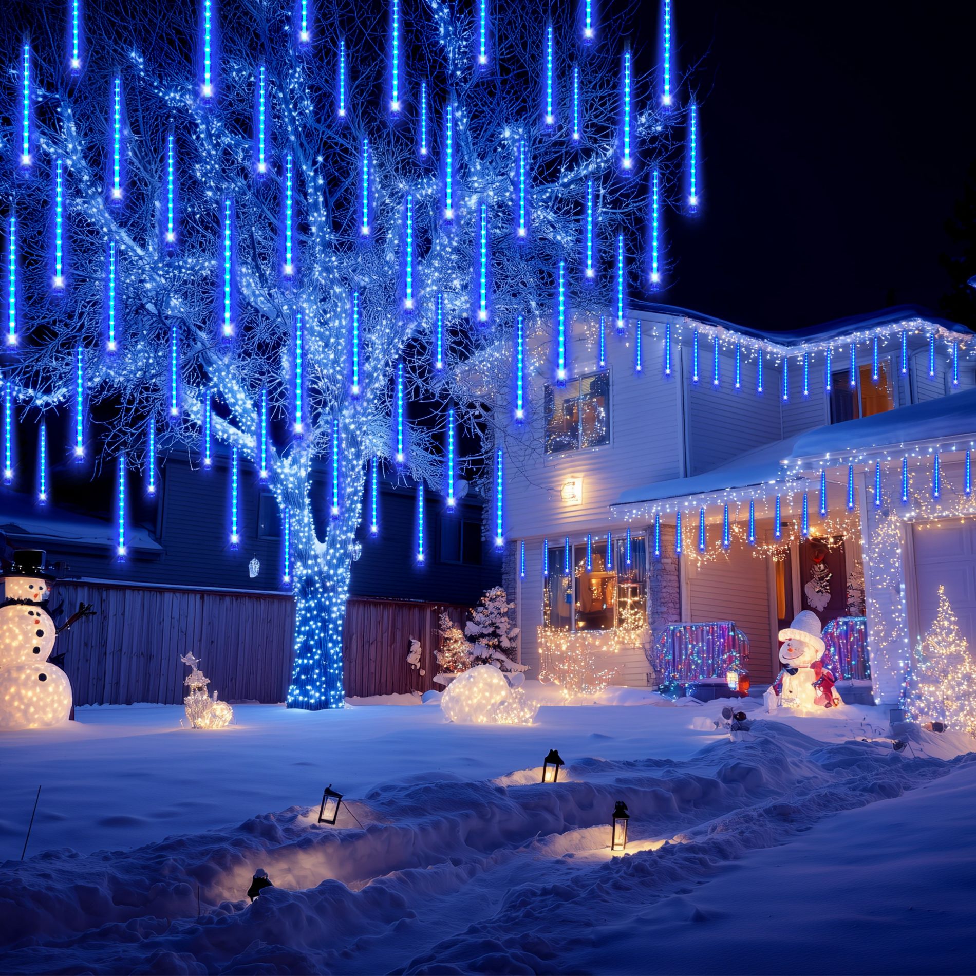 Joyfy Christmas Tubes Lights, 192 LED 8 Tubes Meteor Light, Snowfall Icicle Cascading Rain Light for Xmas Tree Party Holiday Decorations