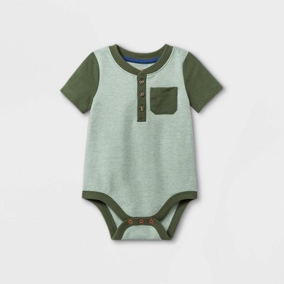 Image of Baby Boys' Henley Striped Short Sleeve Bodysuit - Cat & Jack™ Deep Olive 0-3M