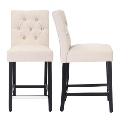 Beige Linen Upholstered Counter Stools with Black Wood Legs, Set of 2
