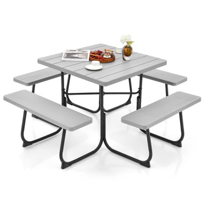 Tangkula 8-person Square Picnic Table Bench Set Outdoor Picnic Table with 4 Benches & Umbrella Hole 500 LBS Capacity Black/Grey/White/Green