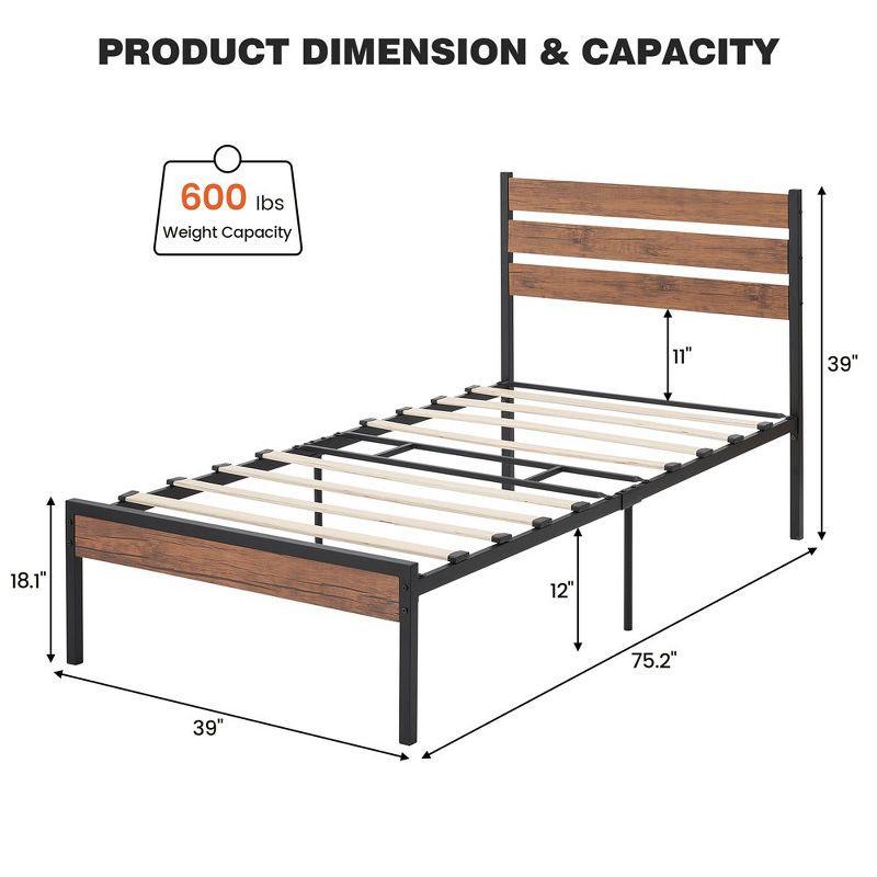 Whizmax Bed Frame with Wood Headboard and Metal Slats Support, No Box Spring Needed, 2 of 8