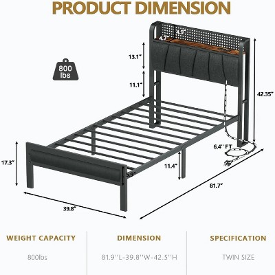 Furnulem Bed Frame with LED Lights, Headboard with Charging Station and USB Port,Upholstered Platform Bedframe Metal Support, No Box Spring Needed