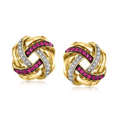 Ross-Simons 0.40 ct. t.w. Ruby and .10 ct. t.w. Diamond Love Knot Earrings in 18kt Gold Over Sterling
