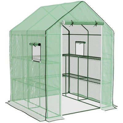 Outsunny 4.6' x 4.7' Portable Greenhouse, Small Walk-In Greenhouse, Hot House with 2 Tier U-Shape Flower Rack