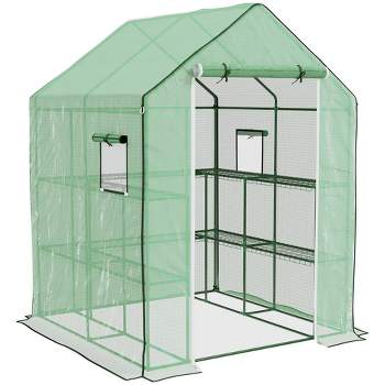 Outsunny 4.6' x 4.7' Portable Greenhouse, Small Walk-In Greenhouse, Hot House with 2 Tier U-Shape Flower Rack
