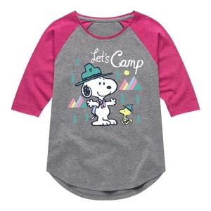 Girls' - Peanuts - Snoopy Camping Shirt Tail Raglan Graphic T-shirt - 1 of 4