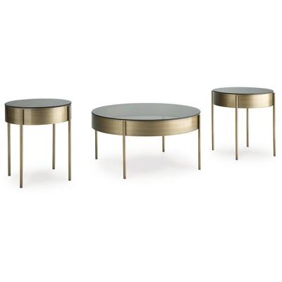 Signature Design by Ashley Jettaya 3-Piece Glass Coffee Table Set with End Tables - Brushed Brass Finish