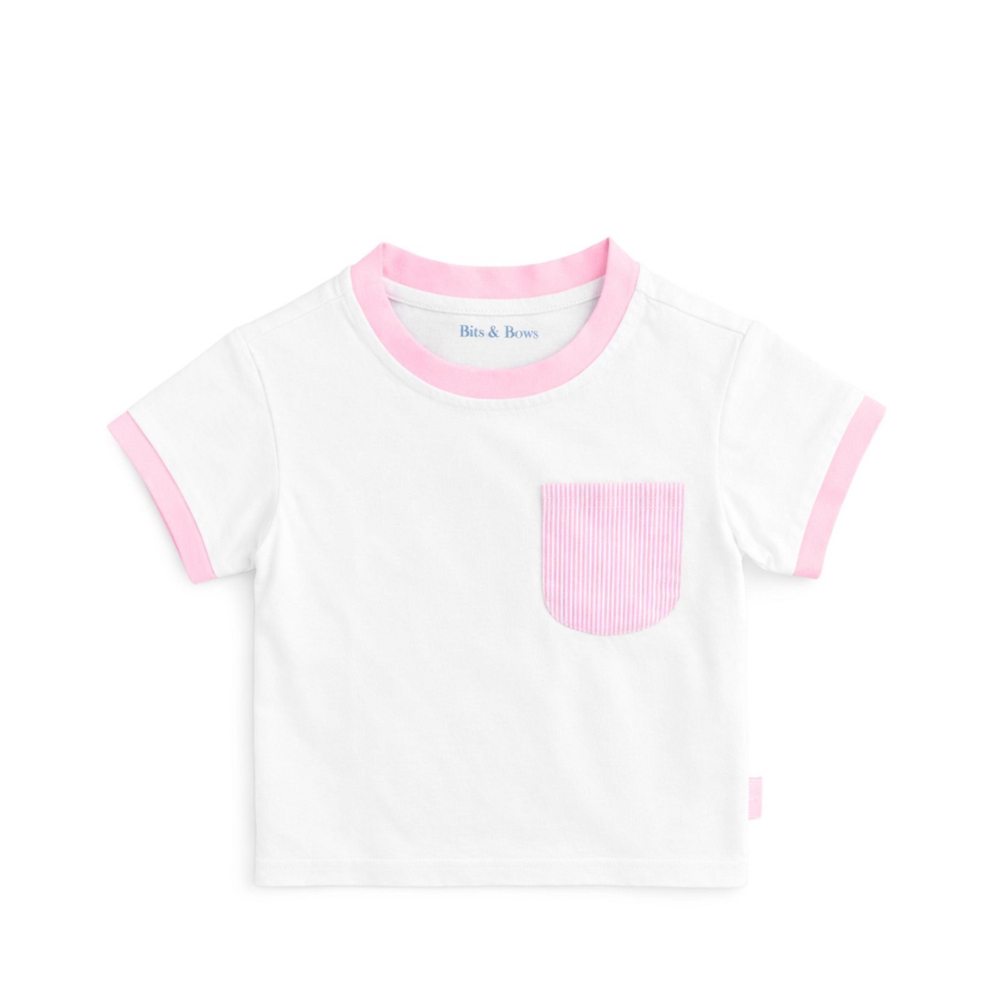 Футболка Bits & Bows Pink Seersucker Pocket Crewneck T-Shirt, White 5/6 для девочек, цвет: Розовый — фото 1