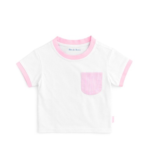 Bits & Bows Kids Girls' Pink Seersucker Pocket Crewneck T-Shirt, White 5/6