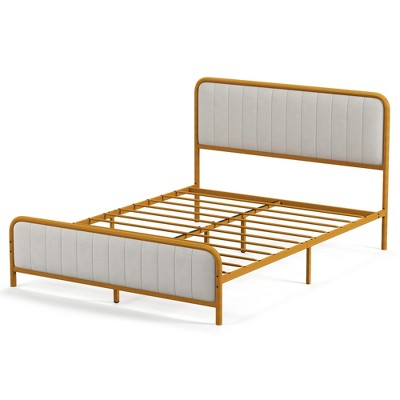 Costway Full Gold Metal Bed Frame Upholstered Platform Bed with Velvet Headboard