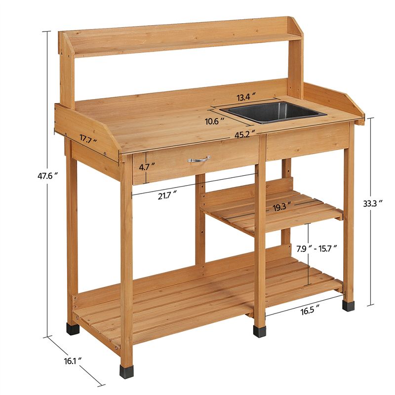 Yaheetech Solid Outdoor Wood Potting Bench Garden Work Bench Station w/Sink Drawer Rack Shelves, 3 of 9