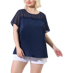 Agnes Orinda Women's Plus Size Contrast Panel Dots Lace Summer Short Sleeve Blouses - 1 of 4