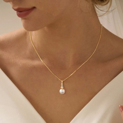 Turandoss Pearl Necklaces for Women - Dainty Gold Choker Pendant Pearl Necklace with Cubic Zirconia, Bridal Wedding Gifts, Bridesmaid Gifts, 16+2.5In