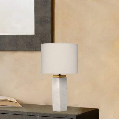 White Marble Table Lamp with Brass Accents and Linen Shade