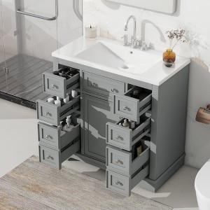 CSBDHome 36" White Bathroom Vanity with Sink, Solid Wood Cabinet and 6 Drawers - 1 of 4