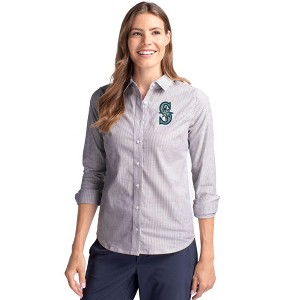 Seattle Mariners Cutter & Buck Stretch Oxford Stripe Womens Long Sleeve Dress Shirt - 1 of 1