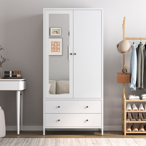Armoire Closet With 2 Drawers, Wardrobe With Mirror Door And Hanging Rod, Metal Wardrobe For Closet With Magnetic Door-Cuddlewood - 1 of 4
