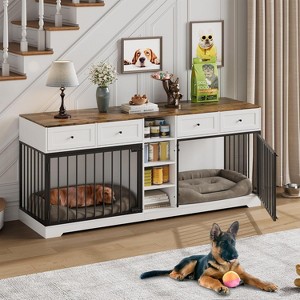 GustoWave Wooden Double Dog Crate TV Stand 82", Heavy-Duty 2-Dog Indoor Kennel w/ 4 Drawers & Open Shelves - 1 of 4