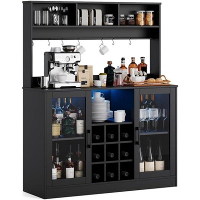 Acekool Coffee Bar Cabinet with Power Outlet, Adjustable Shelves, Hooks, Sideboard Storage for Kitchen Dining, Black