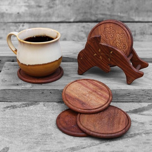 8 Pack Wooden Coasters for Drinks, Glasses, Tabletops, Dark Brown