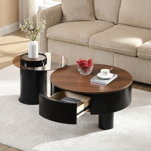 KWPZQEB Round Nesting Coffee Table Set of 2, Plastic End Tables Set with Storage Drawer & Glass Table Top, Modern Cocktail Table for Living Room - 1 of 4
