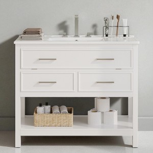 36" Bathroom Vanity with Ceramic Sink, Tip-Out Tray, Full-Extension Drawers, and Open Shelf,Freestanding Cabinet - 1 of 4