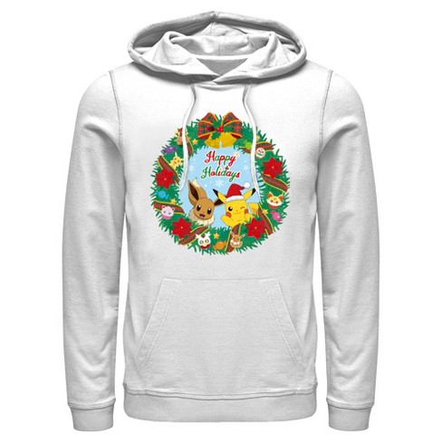 Men s Pokemon Pikachu and Eevee Happy Holidays Pull Over Hoodie White Large