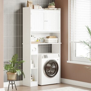 Over The Toilet Storage Cabinet, Double Door Bathroom Organizer with Adjustable Shelves & Toilet Paper Holder for Bathroom Space Saving White - 1 of 4