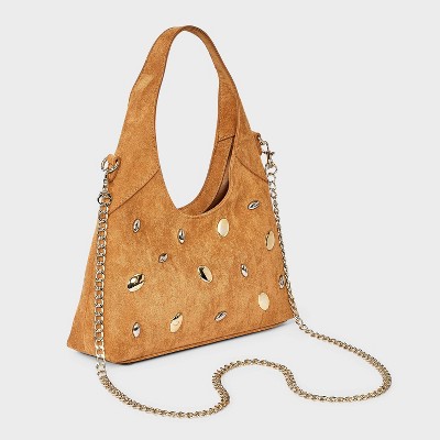 Faux Suede Mini Studded Slouchy Chain Handbag - Universal Thread Tan - image 3