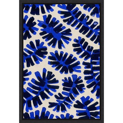 Modern Blue and Black Leaf Motif Framed Canvas Wall Art 16 x 23 inches