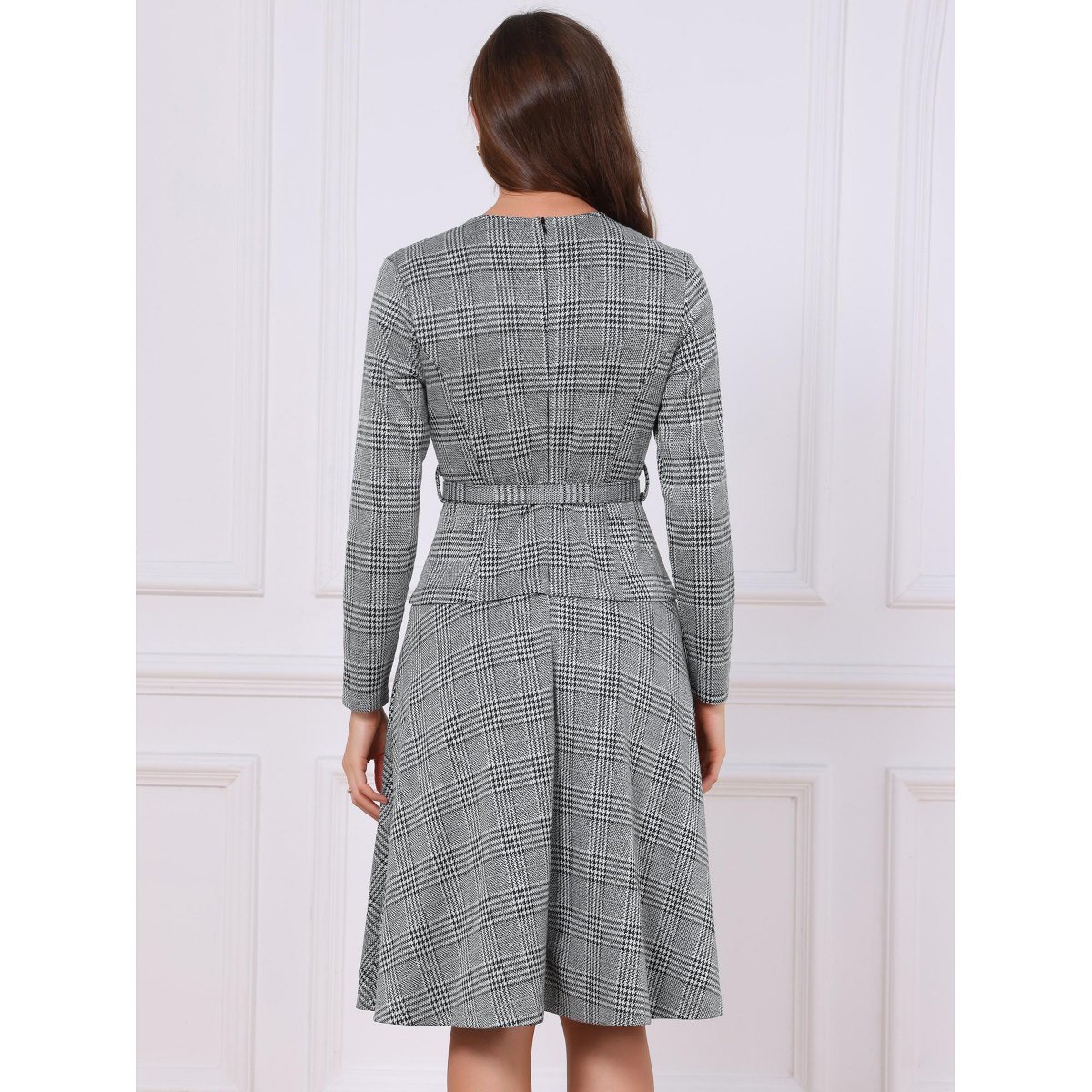 Женские платья INSPIRE CHIC Women's Vintage Long Sleeve Crew Neck A Line Houndstooth Work Belt Dress Large Black White — фото 3