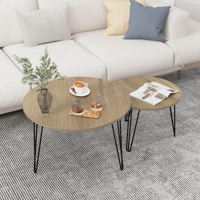 INFURNIC Coffee Tables Round Nesting Coffee Table Set of 2 Imitation Marble Top Sturdy Metal Base for Living Room, Brown, 27.56"*27.56"*17.72"