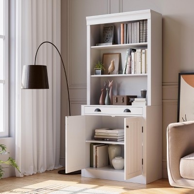 70" Tall Freestanding Bookshelf, 5 Tier Wooden Bookcase with Open Shelves & Cabinet, Modern Display Storage Cabinet, Pantry Sideboard