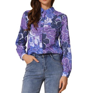 Allegra K Women's Point Collar Long Button Sleeve Button Down Floral Shirt - 1 of 4