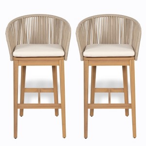 Christopher Knight Home Muntz Outdoor Acacia Wood Bar Stool with Rope Back and Cushion (Set of 2) - 1 of 4