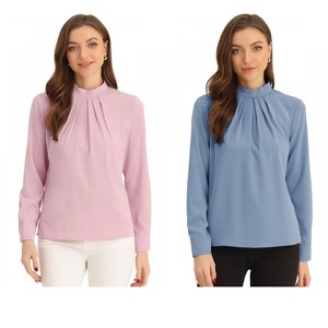INSPIRE CHIC Women's Business Casual Stand Collar Chiffon Long Sleeve Blouse 2 Packs - 1 of 4