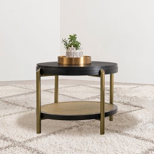 26.25" Round End Table with Dual-Tier Design and Woven Rattan Shelf, Perfect for Elegant Living Spaces - 1 of 4