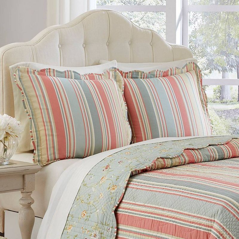 3pc King Floral Stripe Garden Glitz Reversible Bedspread Set Sage Green/Red/Cream - Waverly, 6 of 8