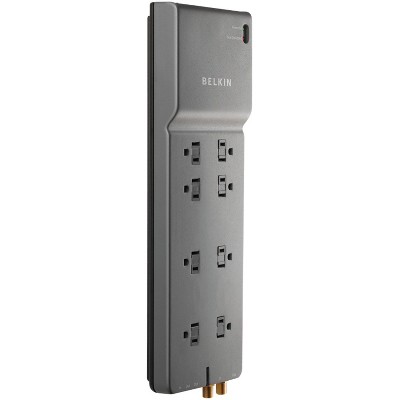 Belkin® Home/Office Surge Protector Power Strip, 8 Outlets, with 1-In/2-Out Telephone/Modem Protection & Coaxial Protection, BE108230-06 in Gray