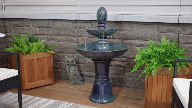 Sunnydaze 38"H Electric Ceramic 2-Tier Outdoor Water Feature with LED Lights, Green, 2 of 13, play video