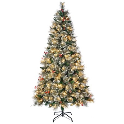 6.5ft Pre-Lit Frost Pine Artificial Christmas Tree W/600 Branch Tips & 250 Warm White Lights & Pine Cones and Red Berries