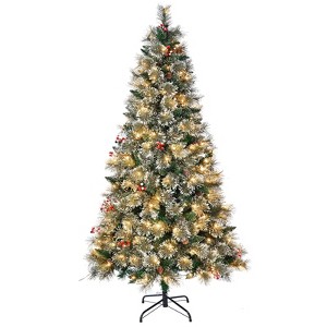 6.5ft Pre-Lit Frost Pine Artificial Christmas Tree W/600 Branch Tips & 250 Warm White Lights & Pine Cones and Red Berries - 1 of 4