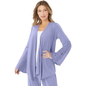 Roaman's Women's Plus Size Lace Trimmed Ultrasmooth Fabric Cardigan - 1 of 3